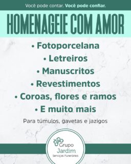 ✨ É com o coração voltado para o acolhimento e o respeito que a Funerária Jardim se dedica a ser o porto seguro das famílias de Camaquã e região. 🕊️ Nossa vocação vai além da prestação de serviços funerários; ela reside em proporcionar um ambiente de paz, conforto e dignidade nos momentos mais sensíveis da vida. 🌳 Com a maior e mais completa estrutura da região, investimos continuamente para que você encontre, em um só lugar, todo o suporte necessário para se concentrar no que realmente importa: celebrar e honrar a vida de quem partiu. 🌟

#FuneráriaJardim #Camaquã #Acolhimento #Dignidade #InfraestruturaCompleta

Grupo Jardim - Serviços Funerários
Você pode contar. Você pode confiar.
🕑 Atendimento 24 horas 👨‍👩‍👧‍👦 Assistência familiar 📍 Planos de Cremação 🙏🏻 Total apoio durante todo processo de luto
📞 51 3671.1468
🌐 www.funerariajardim.com.br
📧 funerariajardim@hotmail.com
🏢 R. Pinheiro Machado, 581
Filial:
📍 Rua Cristóvão Gomes de Andrade, 522 - Centro 🏢
🏥 Em frente ao Hospital Nossa Senhora Aparecida 🚑
🏙️ Camaquã - RS

Background: tohamina/Freepik