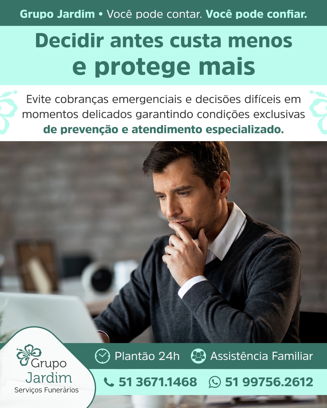 🛡️ Planejar o futuro é um ato de responsabilidade que preserva a estabilidade emocional e financeira de toda a família. Ao optar pela prevenção, você elimina o impacto de custos emergenciais e evita a necessidade de tomar decisões complexas em momentos de fragilidade, garantindo condições exclusivas, previsibilidade e total tranquilidade quando você mais precisa.

🌿 Contar com uma estrutura preparada e um atendimento especializado faz toda a diferença para atravessar momentos delicados com dignidade e acolhimento. A prevenção é o caminho mais seguro para proteger quem você ama, assegurando suporte completo, respeito à memória e a certeza de que cada detalhe estará resguardado.

#PlanejamentoFamiliar #AssistenceFamiliar #TranquilidadeEProtecao #PrevencaoFamiliar #AcolhimentoERespeito

Grupo Jardim - Serviços Funerários
Você pode contar. Você pode confiar.
🕑 Atendimento 24 horas 👨‍👩‍👧‍👦 Assistência familiar 📍 Planos de Cremação 🙏🏻 Total apoio durante todo processo de luto
📞 51 3671.1468
🌐 www.funerariajardim.com.br
📧 funerariajardim@hotmail.com
🏢 R. Pinheiro Machado, 581
Filial:
📍 Rua Cristóvão Gomes de Andrade, 522 - Centro 🏢
🏥 Em frente ao Hospital Nossa Senhora Aparecida 🚑
🏙️ Camaquã - RS

Foto: Drazen Zigic/Magnific