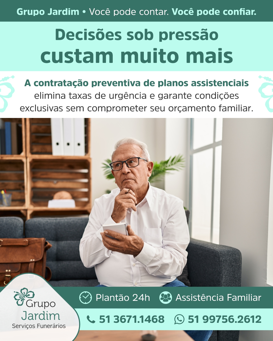 💡 Planejar com antecedência é a melhor forma de proteger quem você ama e evitar o desgaste financeiro decorrente de escolhas feitas às pressas. Ao contratar preventivamente um plano assistencial, sua família elimina taxas de urgência, garante condições exclusivas e assegura uma organização financeira consciente, livre de imprevistos em momentos de fragilidade.

🛡️ Tomar decisões com tranquilidade permite escolher cada detalhe com a calma e a dignidade que a sua história merece. Esse cuidado prévio transforma a prevenção em um ato contínuo de responsabilidade e carinho, oferecendo a certeza de um amparo completo e sem sobressaltos para o futuro daqueles que mais importam.

#PlanejamentoFamiliar #AssistenciaPreventiva #TranquilidadeEProtecao #EconomiaEConsciencia #CuidadoComOFuturo

Grupo Jardim - Serviços Funerários
Você pode contar. Você pode confiar.
🕑 Atendimento 24 horas 👨‍👩‍👧‍👦 Assistência familiar 📍 Planos de Cremação 🙏🏻 Total apoio durante todo processo de luto
📞 51 3671.1468
🌐 www.funerariajardim.com.br
📧 funerariajardim@hotmail.com
🏢 R. Pinheiro Machado, 581
Filial:
📍 Rua Cristóvão Gomes de Andrade, 522 - Centro 🏢
🏥 Em frente ao Hospital Nossa Senhora Aparecida 🚑
🏙️ Camaquã - RS

Foto: krakenimages/Magnific